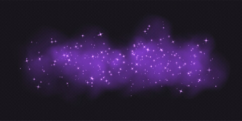 Purple magic smoke with stars and sparkles, fog with glowing particles, colorful vapor with star dust. Fantasy haze overlay. Vector illustration. © Likanaris