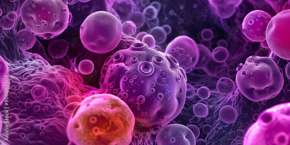 Poster microscopic view of cells mutating and multiplying in purple and pink