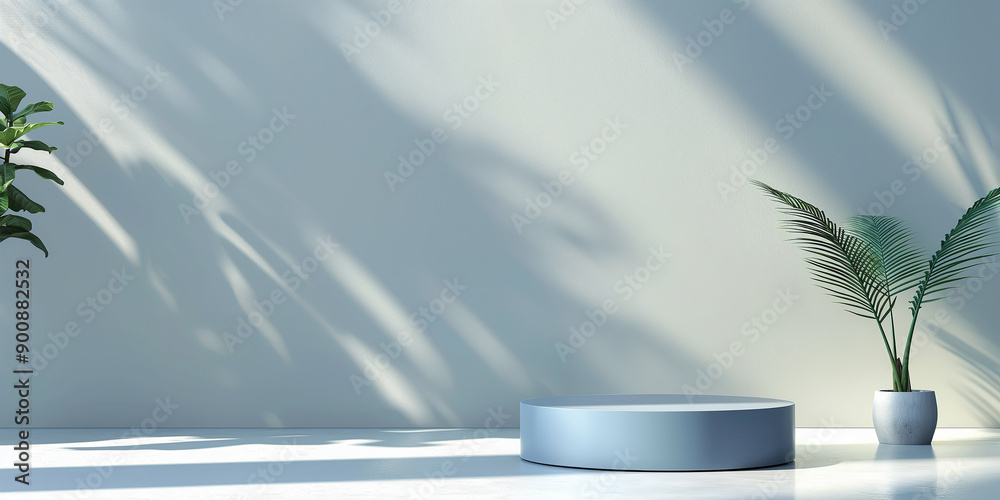 Poster empty blue podium displaying minimal style interior with plants casting shadows