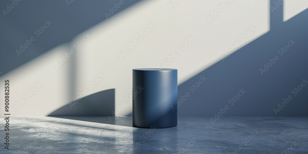 Poster blue cylinder podium displaying product on concrete floor with window shadow