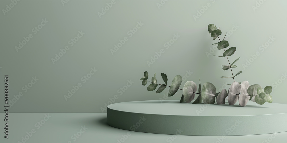 Poster eucalyptus leaves resting on a green podium against a matching background