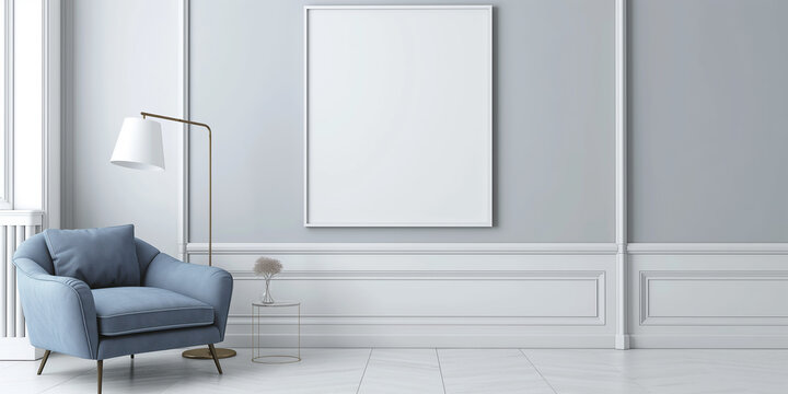 Modern living room interior with an empty frame providing copy space for designers