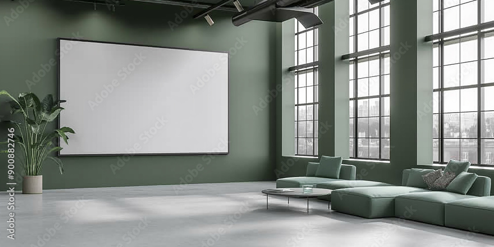 Poster modern green office lounge area with a large window and a blank frame hanging on the wall