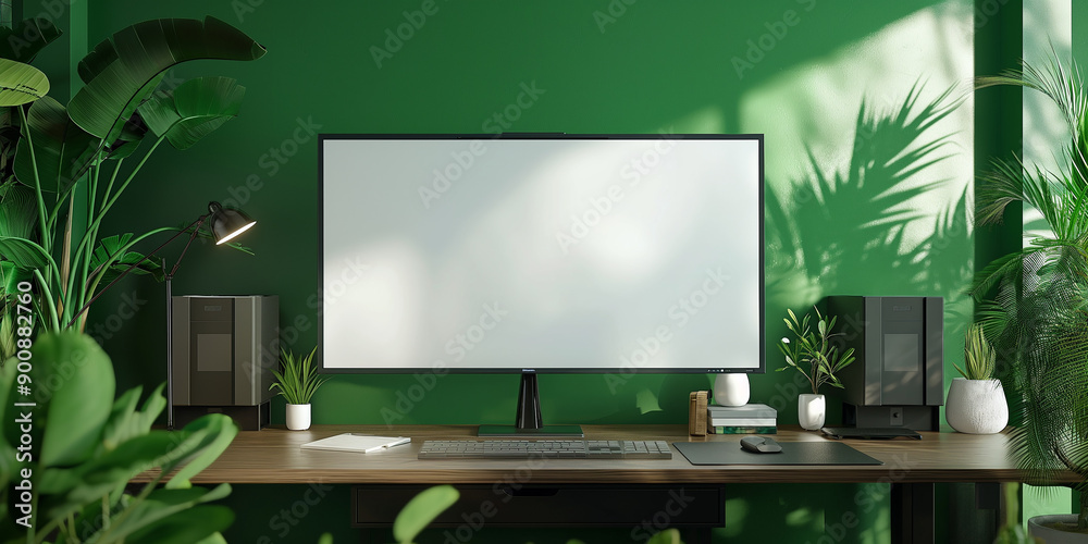Poster home office with computer displaying blank screen mockup on wooden table in green room