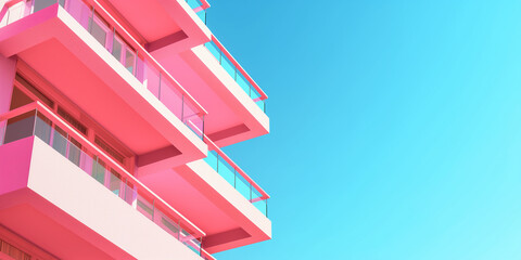 Pink building facade with balconies reaching for the bright blue sky
