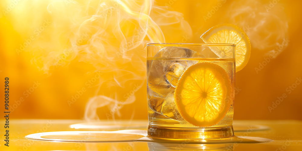 Poster glass of refreshing cold drink with ice cubes and lemon slices is steaming on yellow background