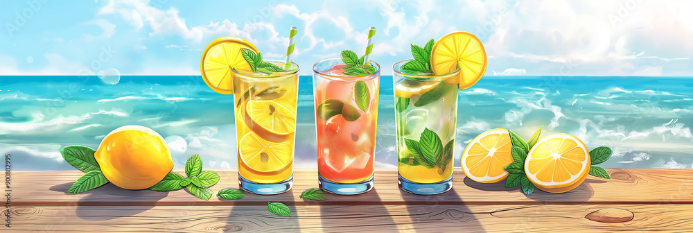 Poster Three lemonades with different citrus fruits are standing on a wooden table on the beach