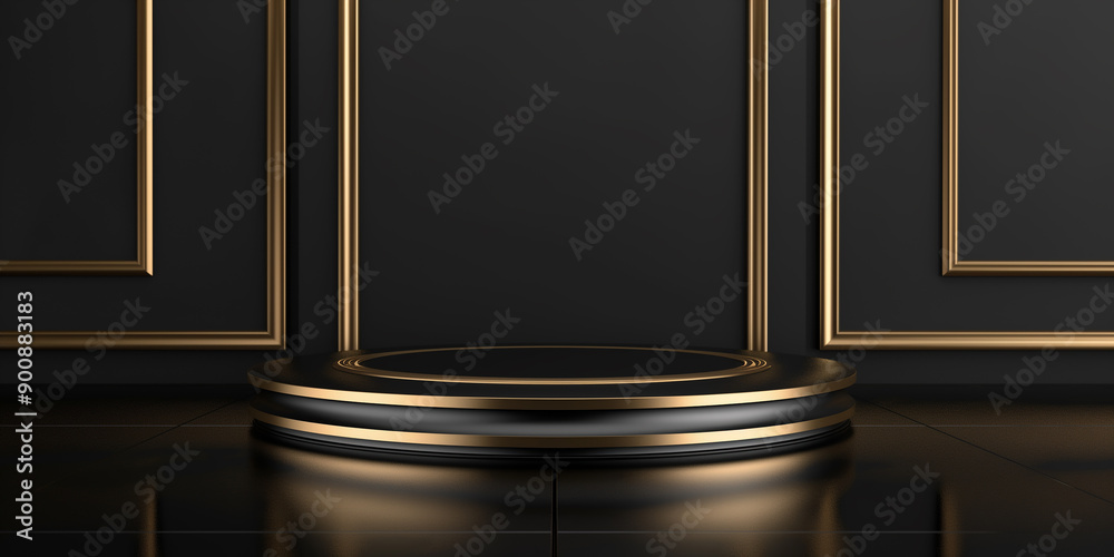 Poster empty black and gold round podium on black background with gold lines displaying award winning produ