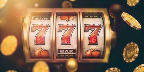 Slot machine showing seven jackpot with falling golden coins