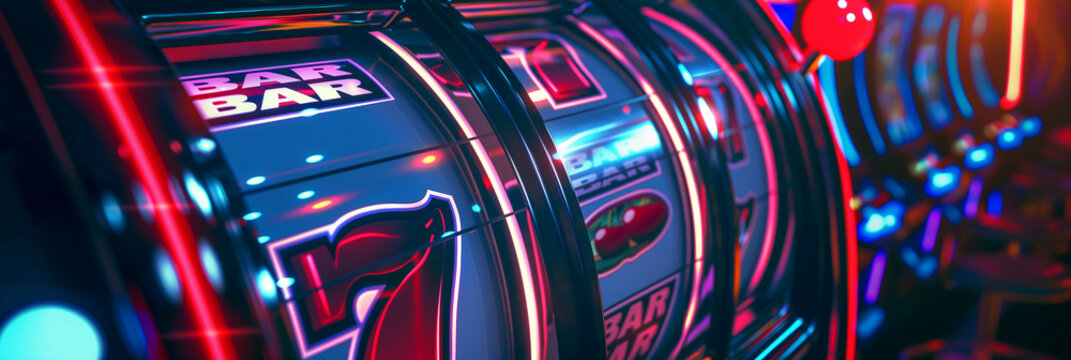 Slot machine spinning and showing lucky seven bar symbol in casino