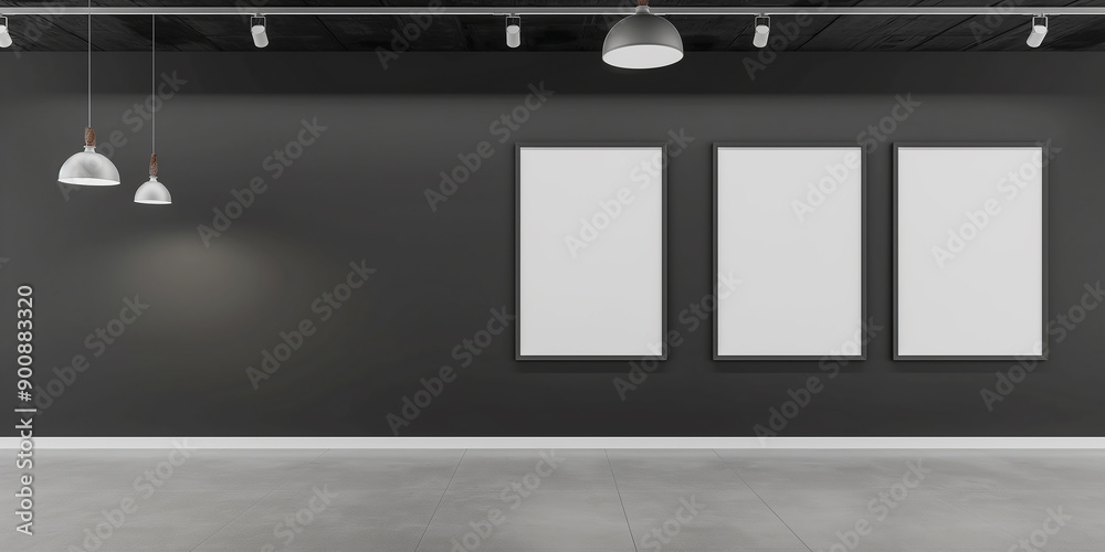 Poster empty gallery interior with three blank frames hanging on a black wall is illuminated by modern ceil