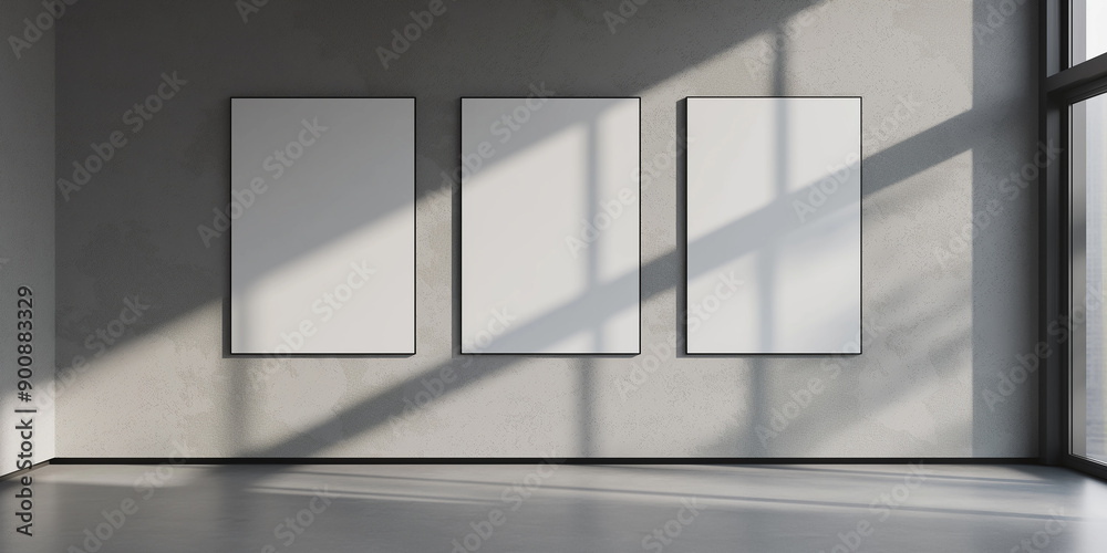 Aufkleber Sunlight casting shadows from window on three blank vertical frames hanging on gallery wall