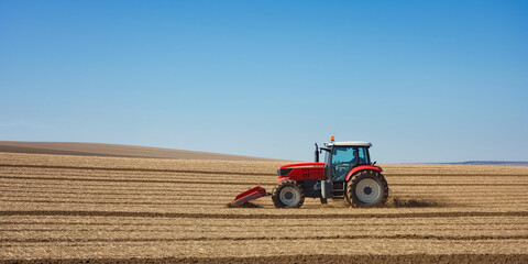 Fototapeta premium Farmer driving red tractor plowing cultivated field under blue sky