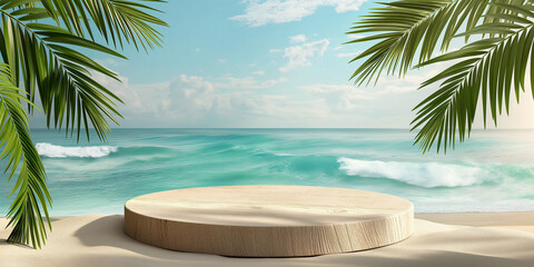 Obraz premium Empty wooden podium displaying product on sand with tropical beach and ocean waves background