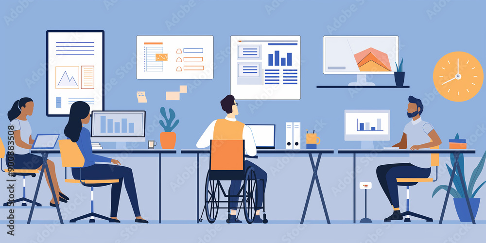 Poster Diverse office workers using computers and analyzing data on wall charts