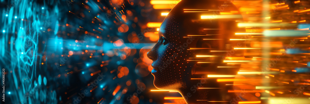 Fototapete Artificial intelligence processing big data with facial recognition algorithm