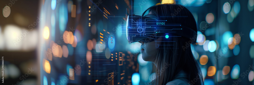 Aufkleber Software developer wearing virtual reality headset working with program code