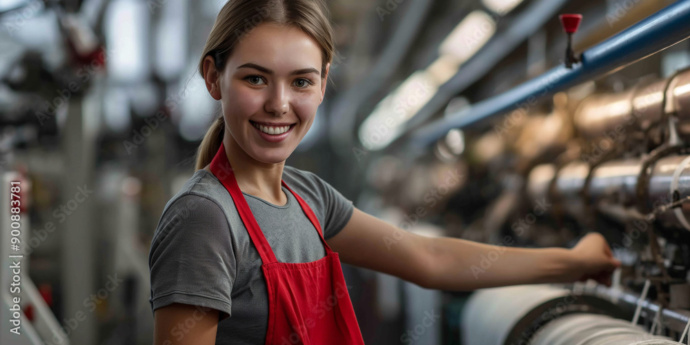 Poster Female technician smiling while operating machinery in factory