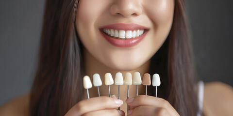 Young woman holding teeth whitening chart is smiling