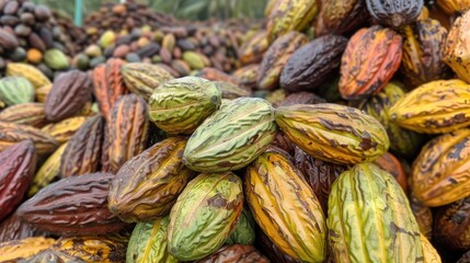 Fototapeta premium A pile of green, brown, and yellow cacao beans. The beans are piled on top of each other, creating a colorful and vibrant scene. Concept of abundance and richness