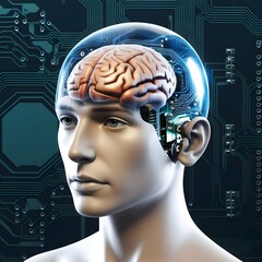Obraz premium A realistic HD-quality photo of a human head that appears transparent, revealing a detailed robotic electronic circuitry inside.
