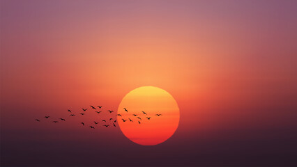 Beautiful sunrise or sunset with huge sun and flying birds. Sun setting over the horizon. Simple idyllic romantic ambient warm soft background in minimalistic style. Realistic vector illustration