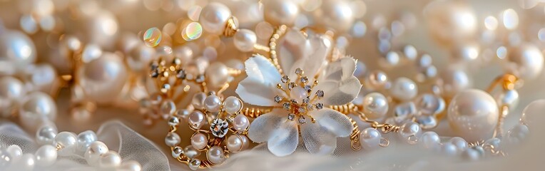 Close up of gold brooch with pearls. Selective focus.