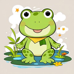 Obraz premium Green frog with big eyes sitting on lily pad in pond, suitable for nature blog, childrens book illustration, wildlife presentations.