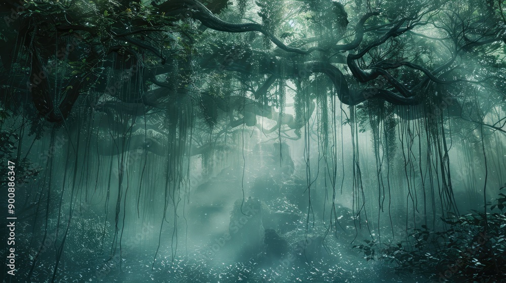 Canvas Prints a forest with vines and trees. scene is mysterious and eerie