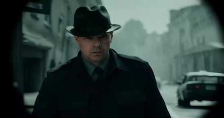 Detective Walking Through Film Noir Crime Scene