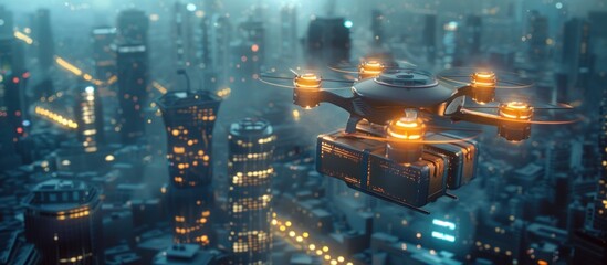Futuristic Drone Delivery in a Cityscape