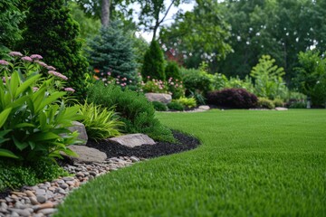 Obraz premium A lush green lawn with a rock border and a variety of flowers. The flowers are pink and purple, and the grass is a vibrant green
