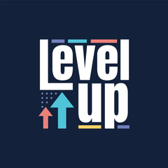 Modern Level up logo with arrow and colorful elements. Level up editable vector typography sticker, label, badge, tag. Gaming success or business finance growth logotype banner, poster.