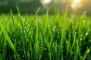 A field of green grass with raindrops on it. The grass is lush and vibrant, and the raindrops add a sense of freshness and vitality to the scene
