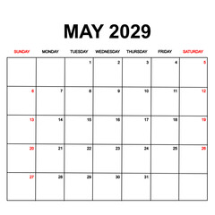 may 2029. Calendar with holydays or red dates. monthly calendar design with week starts on sunday. printable, simple, and clean vector design isolated on white background.