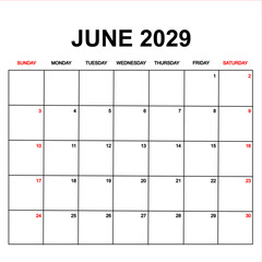 june 2029. Calendar with holydays or red dates. monthly calendar design with week starts on sunday. printable, simple, and clean vector design isolated on white background.