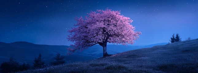 A cherry tree in full bloom on the hill at night.