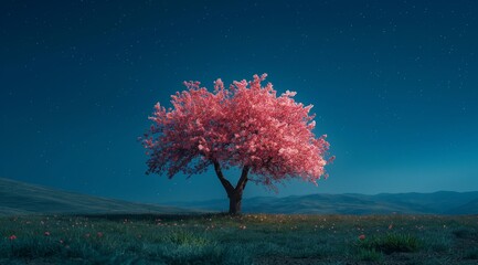 A cherry tree in full bloom on the hill at night.