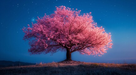 A cherry tree in full bloom on the hill at night.