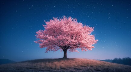 A cherry tree in full bloom on the hill at night.