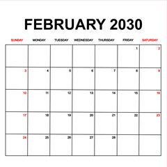 february 2030. Calendar with holydays or red dates. monthly calendar design with week starts on sunday. printable, simple, and clean vector design isolated on white background.