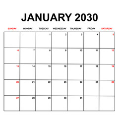 january 2030. Calendar with holydays or red dates. monthly calendar design with week starts on sunday. printable, simple, and clean vector design isolated on white background.