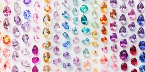 A collection of vibrant, multi-colored gemstones in different shapes and sizes, isolated on a white background, colourful range of colors and cuts