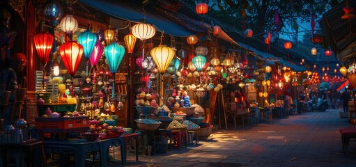 Night atmosphere of a traditional Middle Eastern street market decorated with hanging lanterns