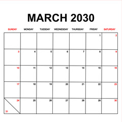 march 2030. Calendar with holydays or red dates. monthly calendar design with week starts on sunday. printable, simple, and clean vector design isolated on white background.