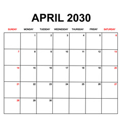 april 2030. Calendar with holydays or red dates. monthly calendar design with week starts on sunday. printable, simple, and clean vector design isolated on white background.