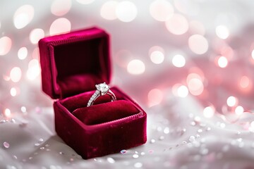 Luxury engagement diamond ring in jewellery gift box. Red pink velvet ring box for romantic love proposal, wedding celebration, elegant background with copyspace