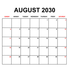 august 2030. Calendar with holydays or red dates. monthly calendar design with week starts on sunday. printable, simple, and clean vector design isolated on white background.