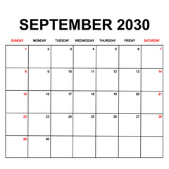 september 2030. Calendar with holydays or red dates. monthly calendar design with week starts on sunday. printable, simple, and clean vector design isolated on white background.