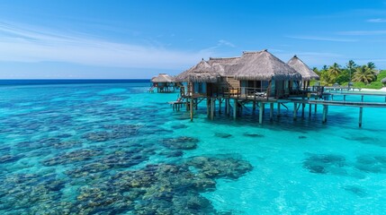 Luxurious overwater bungalow offering a stunning split view of a vibrant coral reef underwater and serene sea horizon above.